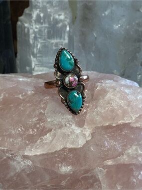 Kingman Turquoise & Cotton Candy Dahlia Triple Stone Copper Ring - Size 10